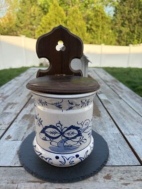 Antique "BLUE ONION" Pottery Wooden Lid Wall Canister Spice Meissen “Salt Box”
